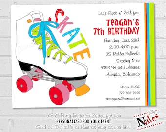 Roller Skating Birthday Party Invitation, Printable File in Bright and Colorful 80s Style