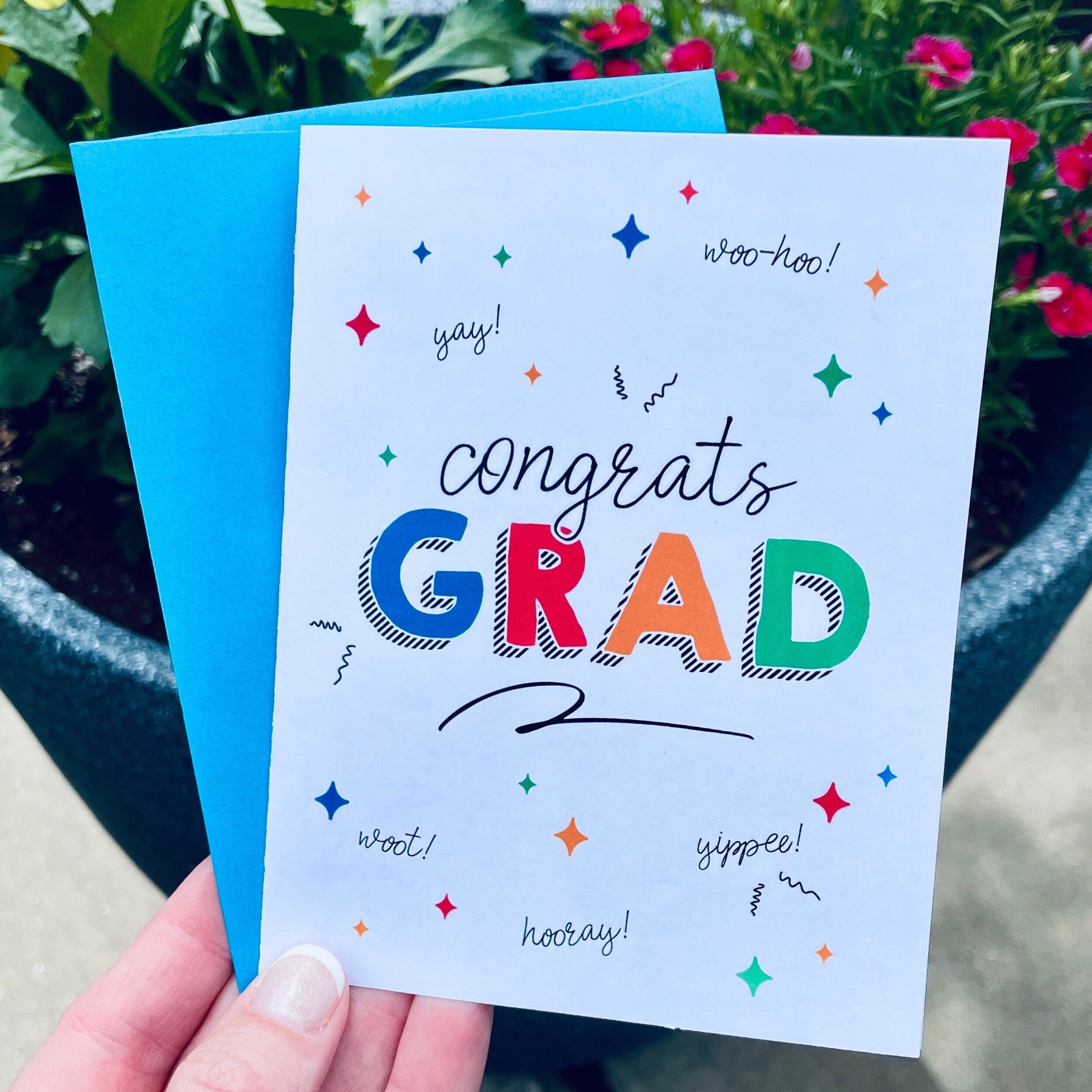 Congrats Grad Card, Colorful Grad Gift Wrap Tag, Printable Fun and Colorful Graduation Card for Packages and Bags in Red Blue Green & Orange