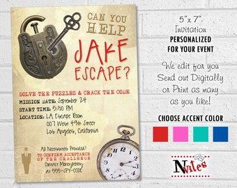 Escape Room Party Invitation, Spy or Mystery Birthday Party, Printable Clue Invite with Lock, Key and Clock, Can You Escape Invite