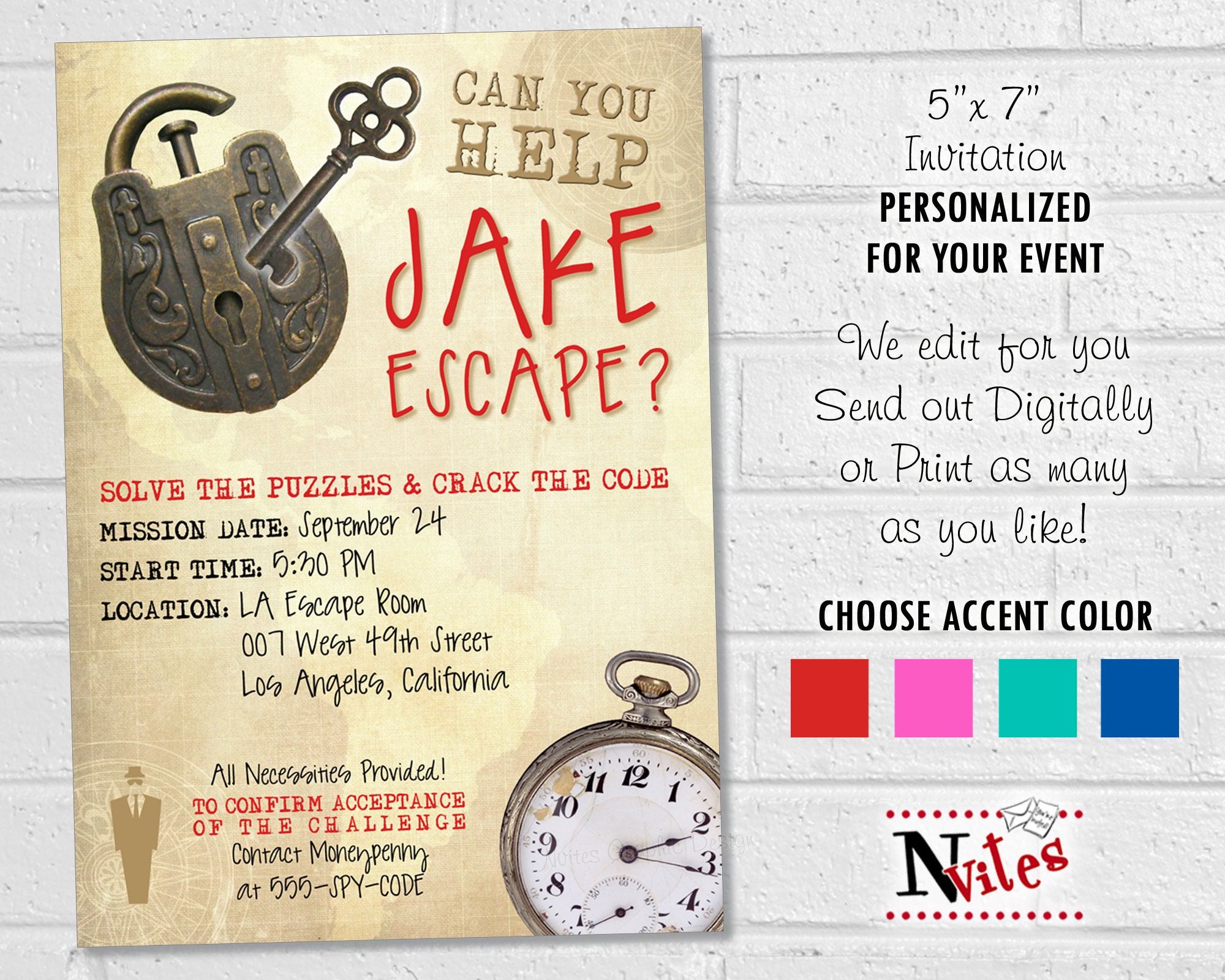 Escape Room Party Invitation, Spy or Mystery Theme Birthday Party,  Printable Clue Invite With Lock, Key and Clock, Can You Escape Invite -   Canada