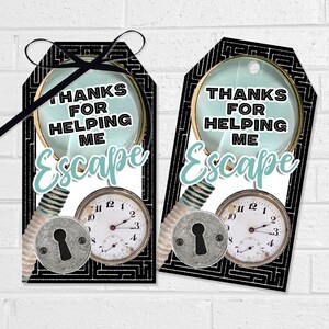 Escape Room Danke Tags, Mystery oder Clue Geburtstagsparty Tags, druckbares Labyrinth Danke für deine Hilfe mit Uhr und Lupe