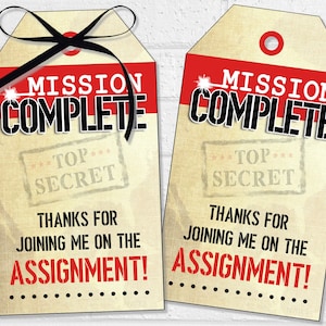 Speciale bedankkaartjes voor agenten, Mission Complete-labels, afdrukbare tags voor spionagefeestje voor mysterie- of escaperoomfeest
