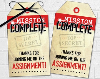 Special Agent Thank You Tags, Mission Complete Labels, Printable Spy Party Favor Tags for Mystery or Escape Room Party