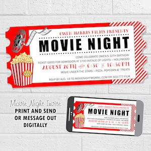 Filmabend-Party-Einladung, Freiluftkino-Geburtstagsfeier, Film und Popcorn-Kinderveranstaltung, Rot und Weiß Filmklassiker zum Ausdrucken