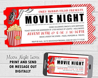 Invitación a fiesta de noche de cine, entrada para la película y palomitas de maíz para evento de cine infantil, invitación digital