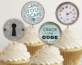 Escape Room Cupcake Toppers, Maze Can You Escape Party Tags and Decor, Printable Mystery Spy Party Round Stickers or Tags