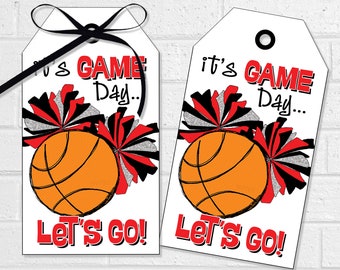 Cheer and Basketball Good Luck Tags, Basketball Game Treats, Printable Red and Black Poms Labels or Stickers for Cheerleading Snack Bags