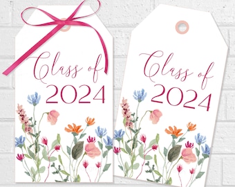 Wildflower Afstudeer Tags, Grad Party Treat en Favor Cards, Floral Graduation Party Decor, Summer Class of 2024 Flower Printable Gifts