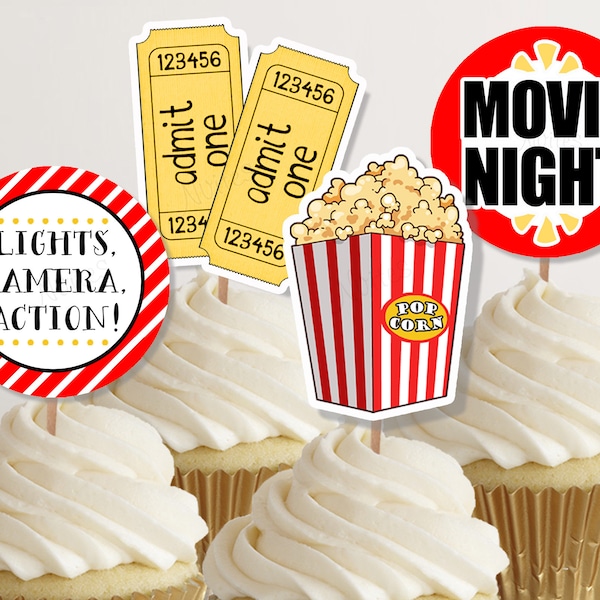 Movie Night Cupcake Toppers, Movie Party Stickers or Cake Picks, Lights Camera Action, Popcorn and Ticket Birthday Party Decorations