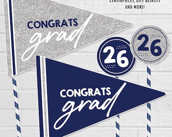 Graduation Party Pennant Picks, Navy Silver Centerpiece Props (Digital Download)