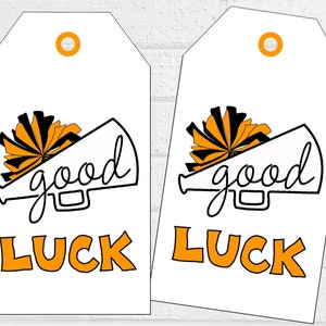 Good Luck Cheer Tags, Orange Cheerleading Team Treat Labels, Printable Poms Gift Tags or Stickers, Spirit Squad Dance Team Treat Tags image 1