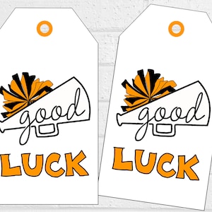 Good Luck Cheer Tags, Orange Cheerleading Team Treat Labels, Printable Poms Gift Tags or Stickers, Spirit Squad Dance Team Treat Tags image 1