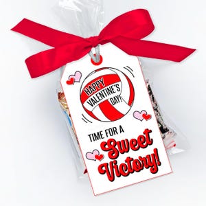 Puede incluir: Etiqueta de regalo blanca con un gráfico de voleibol rojo y el texto "¡Feliz Día de San Valentín!" y "¡Tiempo para una dulce victoria!" con corazones rosas.