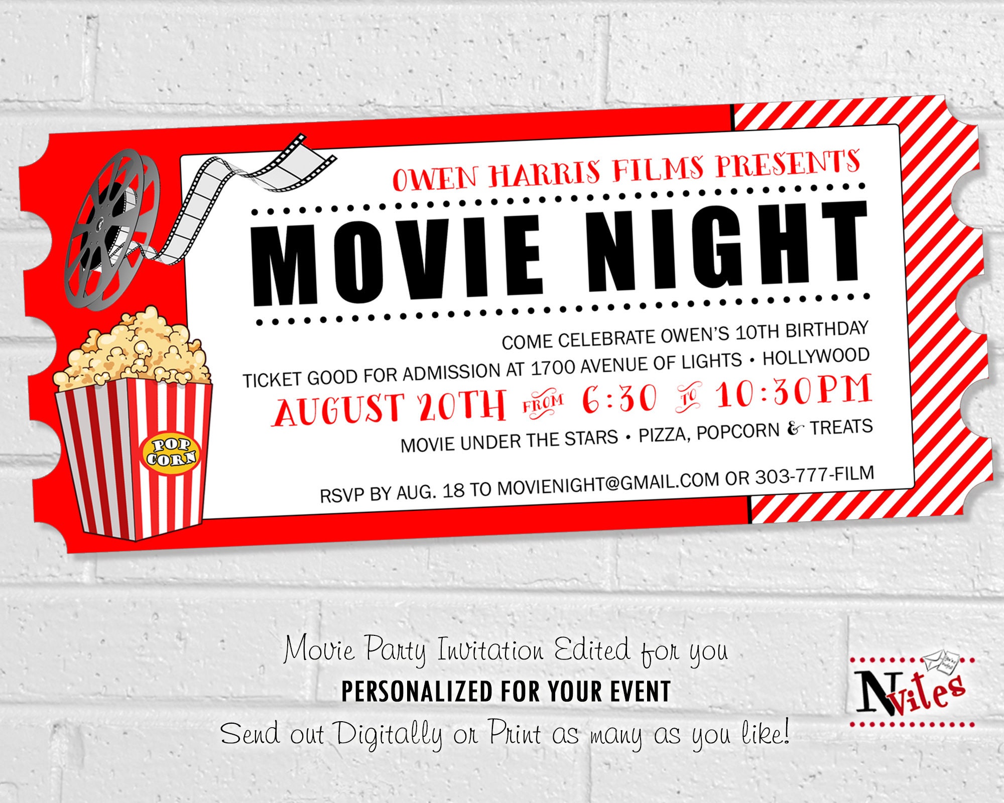 Movie Night Party Invitation, Cinema Themed Birthday Party, Classic Show  Ticket and Popcorn Kids Event - Etsy, image size:2000x1600