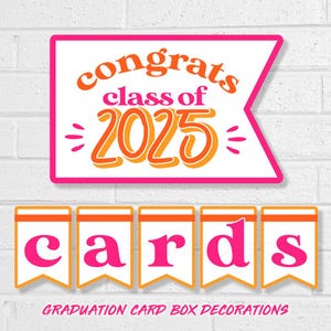 Afstuderen kaartdoos decoraties in roze en oranje, 2025 Grad Party Gift Display, afdrukbare heldere en moderne seniorendecoraties