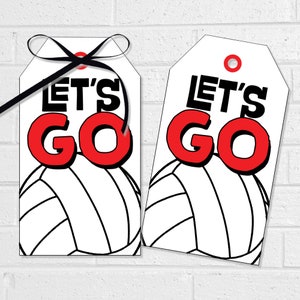 Good Luck-tags volleybal, teamtraktatielabels, afdrukbare rode Let's Go volleybal-feesttags of stickers, game-dagsnackpakketten