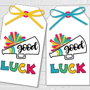 Cheer Good Luck Tags, Cheerleading Team Treat-labels, afdrukbare Rainbow Cheer Favor-tags of stickers, Spirit Squad of Dance Team Treat-tags