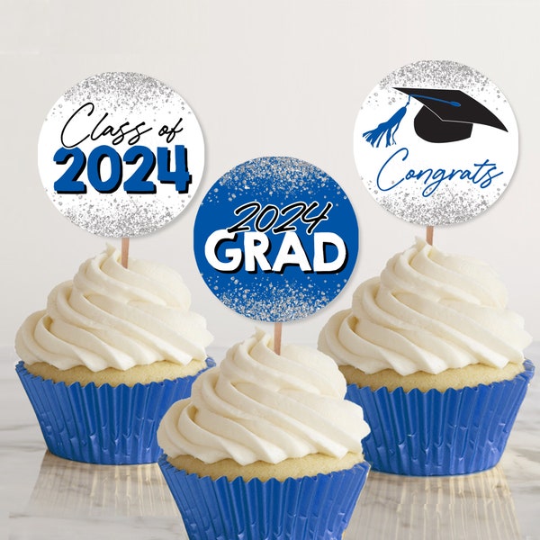 Graduation Cupcake Toppers 2024, Round Graduation Stickers, Printable 2024 Graduation Party Decor, Blue and Silver Cupcakes & Tags