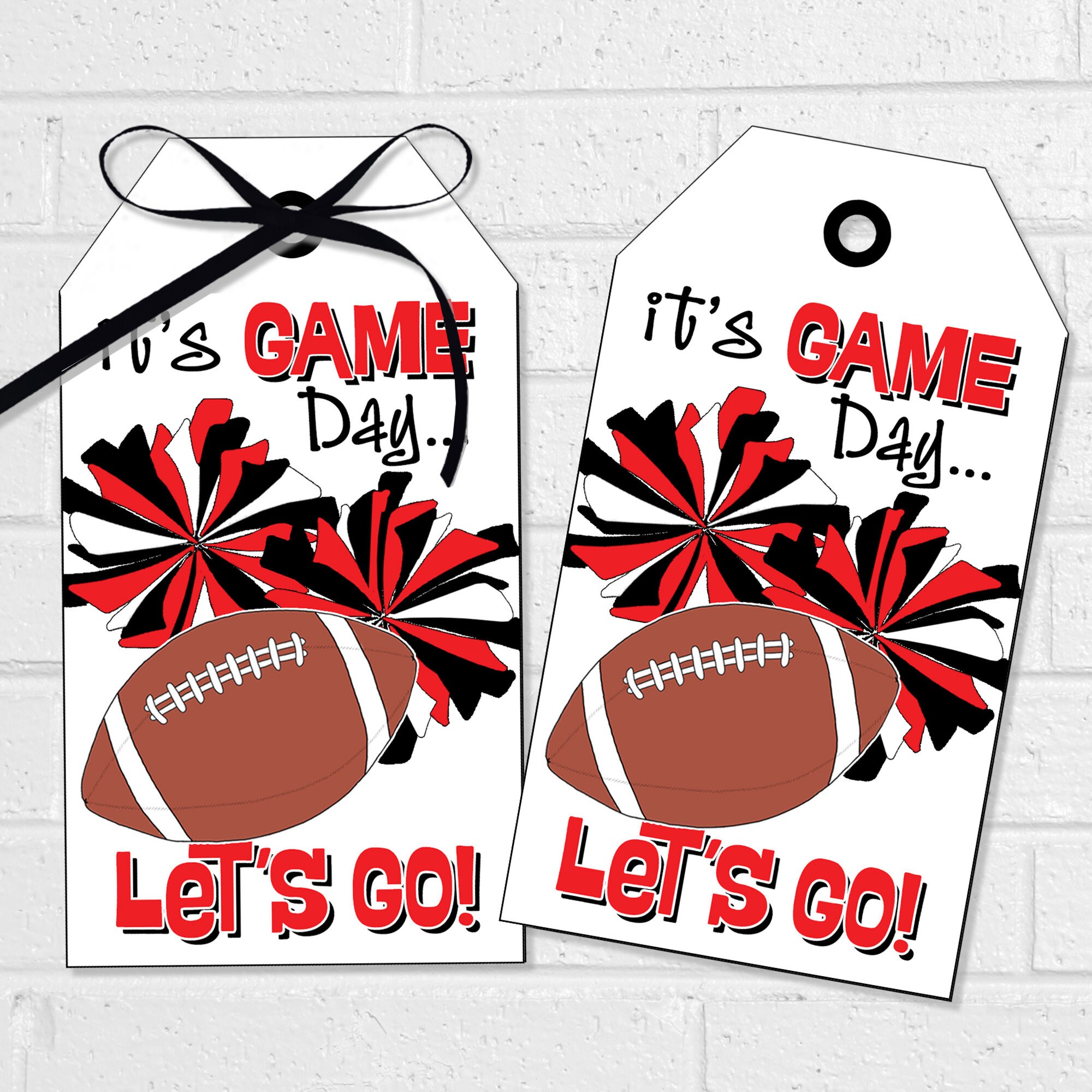 Football Cheer Game Day Treat Tags, Red and Black Pom Poms (digital ...