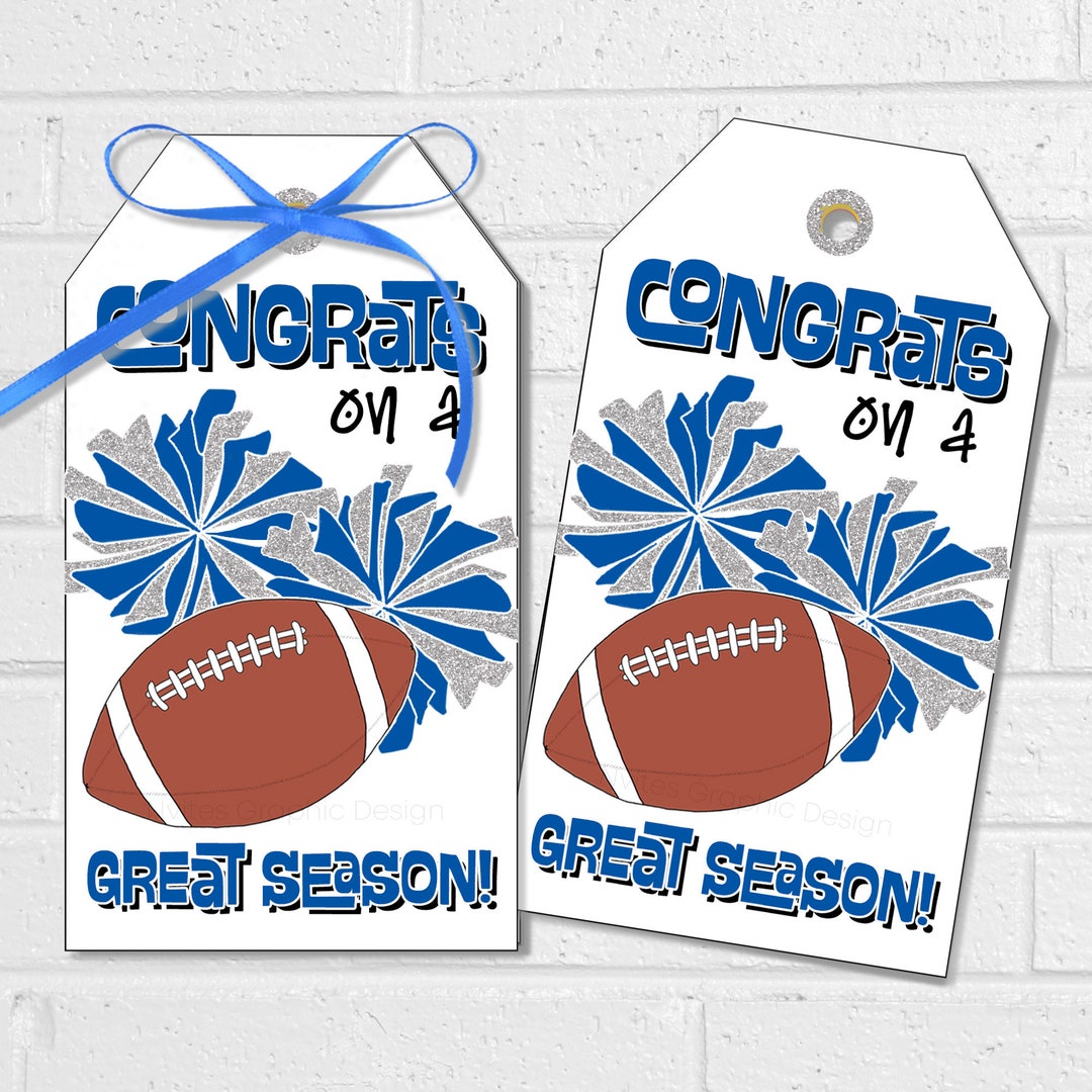 Football Cheer Team Gift Tags, End of Season Congrats Blue Silver Poms ...