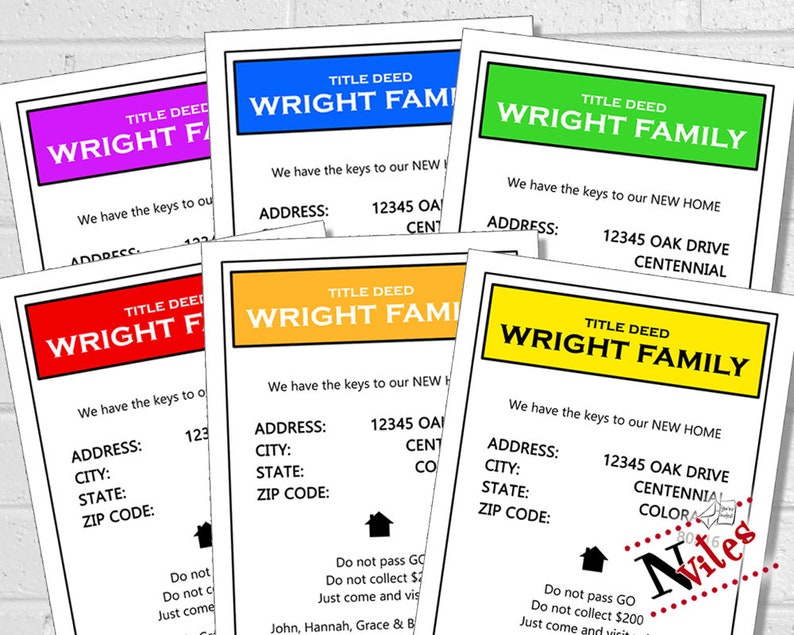 Housewarming Card Monopoly Style Change of Address Card PRINTABLE Moving Deed Card Moving Announcement Moving Cards New Address Card