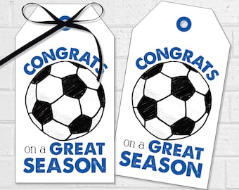 Soccer Congrats on a Great Season Tags, Printable End of Season Party Soccer Favor Gift Tags or Stickers in Blue, Ball Team Thank You Treats