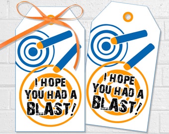 Dart Party Thank You Tags, Birthday Battle Favors or Gift Tags, Hope You Had a Blast Printable Dart Printable Party Decor