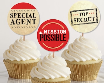 Printable Spy Cupcake Toppers, Secret Agent Party Tags (Digital Download File)