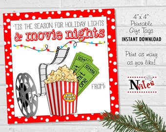 Holiday Movie Gift Card Tags, Movie Night Gift, Teacher Movie Gift, Movie Thank You Gift Card, Printable Movie Gift Tags