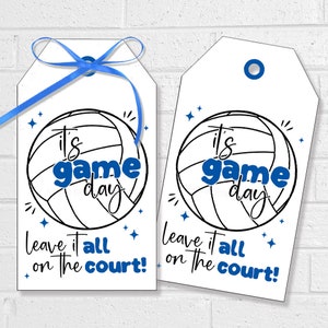 Étiquettes de volley-ball porte-bonheur, friandises pour l'équipe à laisser sur le terrain, étiquettes de faveur imprimables pour le jour du match ou autocollants en bleu royal, sacs cadeaux pour le jour du match
