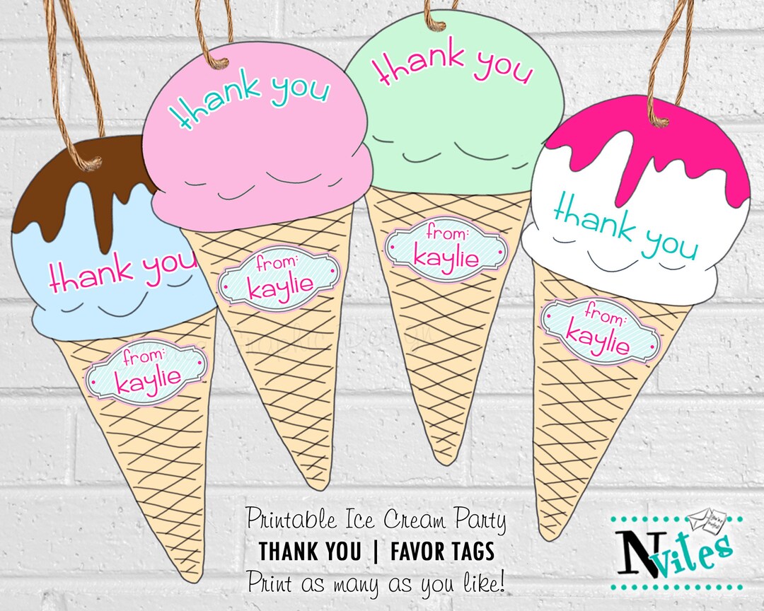 Ice Cream Birthday Party Favor Tags, Ice Cream Cone Thank You