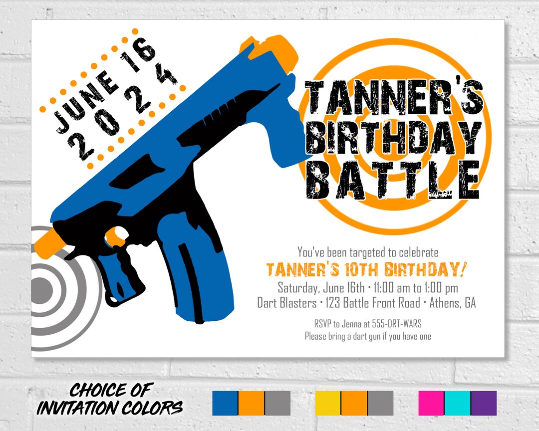 Dart Party Invitation Birthday Battle for Kids Dart Blaster Etsy