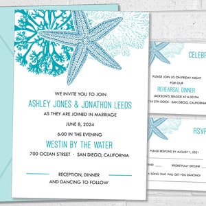 Invitación para fiesta temática de playa u océano, evento de acuario, boda náutica en la playa, diseño imprimible de estrellas de mar y conchas de coral.
