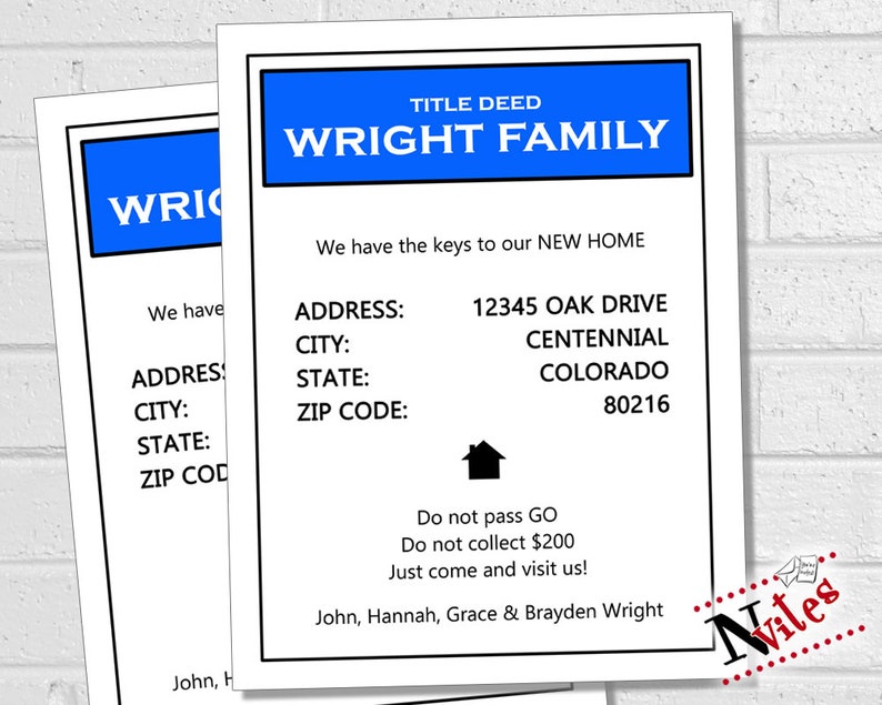 Housewarming Card Monopoly Style Change of Address Card PRINTABLE Moving Deed Card Moving Announcement Moving Cards New Address Card
