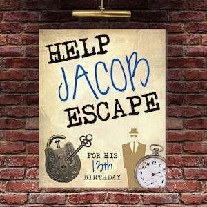 Letrero de fiesta de la sala de escape, póster personalizado de la fiesta misteriosa, letrero de detective o espía para niños, póster imprimible para escapar del cumpleaños de la habitación