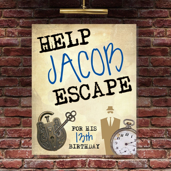 Escape Room Party Sign, Personalized Mystery Party Poster, Kids Spy or Detective Sign, Printable Poster for Escape the Room Birthday