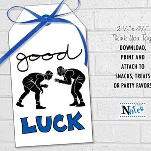 Wrestling Good Luck Tags, Wrestling Team Treat Labels in Blue, Printable Wrestler Party Favor Tags or Stickers, Let's Go Game Day Snacks image 2