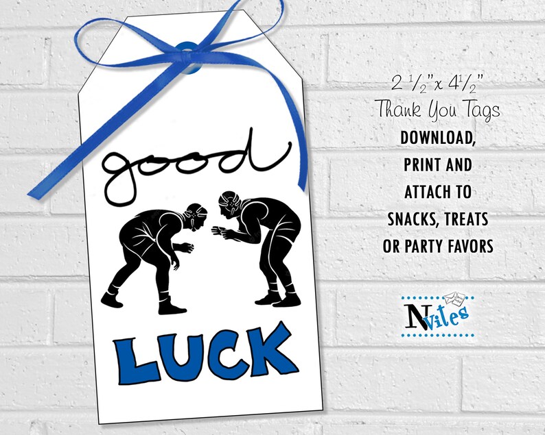 Wrestling Good Luck Tags, Wrestling Team Treat Labels in Blue, Printable Wrestler Party Favor Tags or Stickers, Let's Go Game Day Snacks image 2