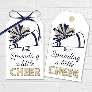 Spreading a Little Cheer Tags, Cheerleading Team Treat Labels, Printable Navy and Gold Poms Gift, Spirit Squad Dance Team Goodie Bag Tag