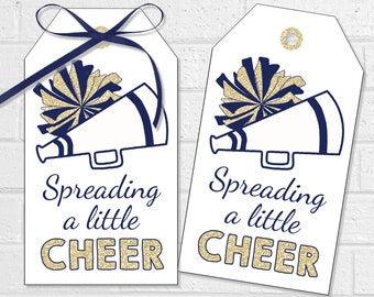 Spreading a Little Cheer Tags, Cheerleading Team Treat Labels, Printable Navy and Gold Poms Gift, Spirit Squad Dance Team Goodie Bag Tag