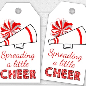 Etichette "Diffondere un po' di allegria", etichette per dolcetti della squadra di cheerleader, regalo con pompon stampabili, etichetta per borsa regalo della squadra di ballo Spirit Squad
