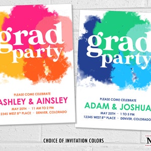 Invitación para fiesta de graduación de 2025, inserto de invitación con explosión de colores y gráfico de futuro brillante, moderna y divertida para graduados de secundaria o universidad.