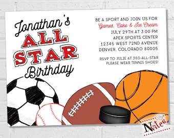 Sports Birthday Party, Printable All Star Athlete Party Invitation, Kids Sports Event Invite with Balls and Athletic Gear