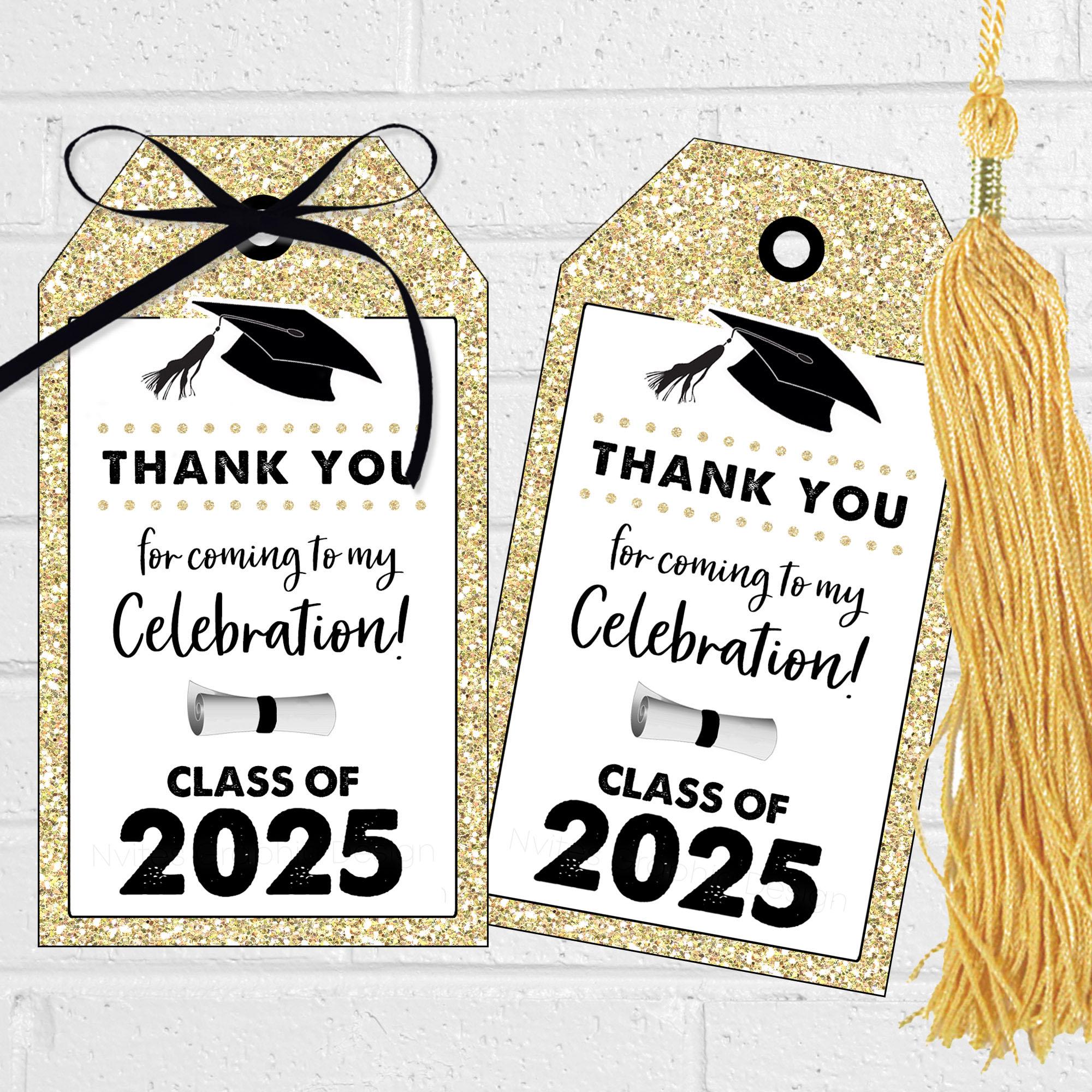 2025 Graduation Tags, Class of 2025 Party Favor Tags, Grad Thank You Labels, Printable Black and Gold Graduation Party Decor