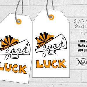 Good Luck Cheer Tags, Orange Cheerleading Team Treat Labels, Printable Poms Gift Tags or Stickers, Spirit Squad Dance Team Treat Tags image 2