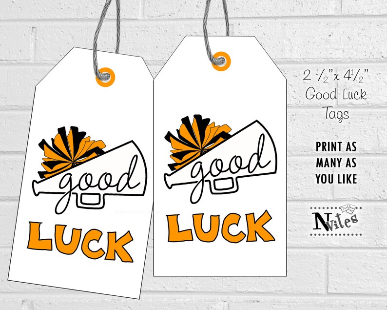 Good Luck Cheer Tags, Orange Cheerleading Team Treat Labels, Printable Poms Gift Tags or Stickers, Spirit Squad Dance Team Treat Tags image 2