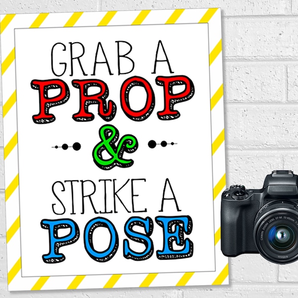 Colorful Photo Booth Sign, Grab a Prop & Strike a Pose Selfie Display Sign, Kids Photo Booth Sign, Fun Photo Booth Table