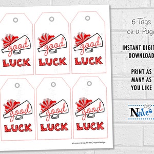 Good Luck Cheer Tags, Cheerleading Team Treat Labels, Printable Red Poms Gift Tags or Stickers, Spirit Squad Dance Team Treat Tags image 3