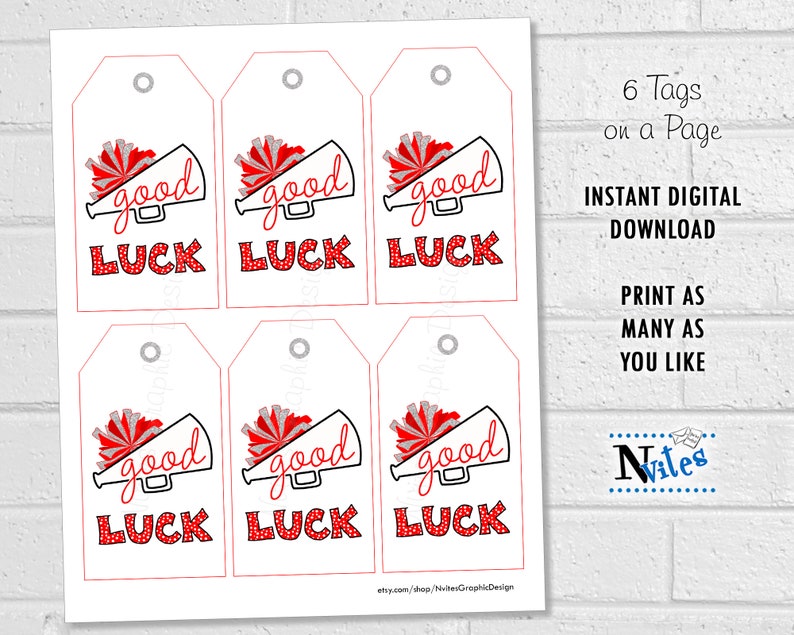 Good Luck Cheer Tags, Cheerleading Team Treat Labels, Printable Red Poms Gift Tags or Stickers, Spirit Squad Dance Team Treat Tags image 3