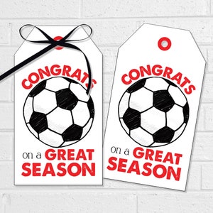 Etichette per la grande stagione del calcio, etichette regalo o adesivi stampabili per feste di fine stagione di calcio in rosso, dolcetti di ringraziamento per la squadra di calcio